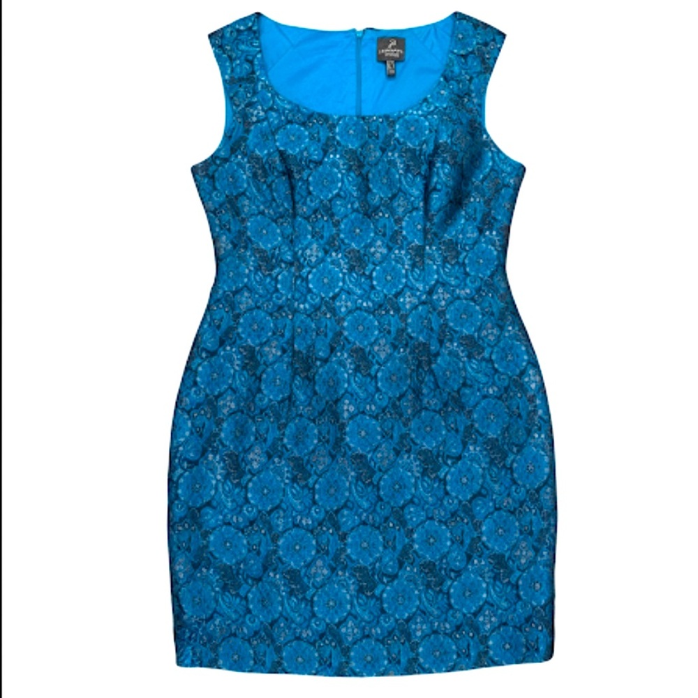 Adrianna Papell Blue Silver Sheath Wedding Guest MOB Cocktail Midi Dress Size 6
